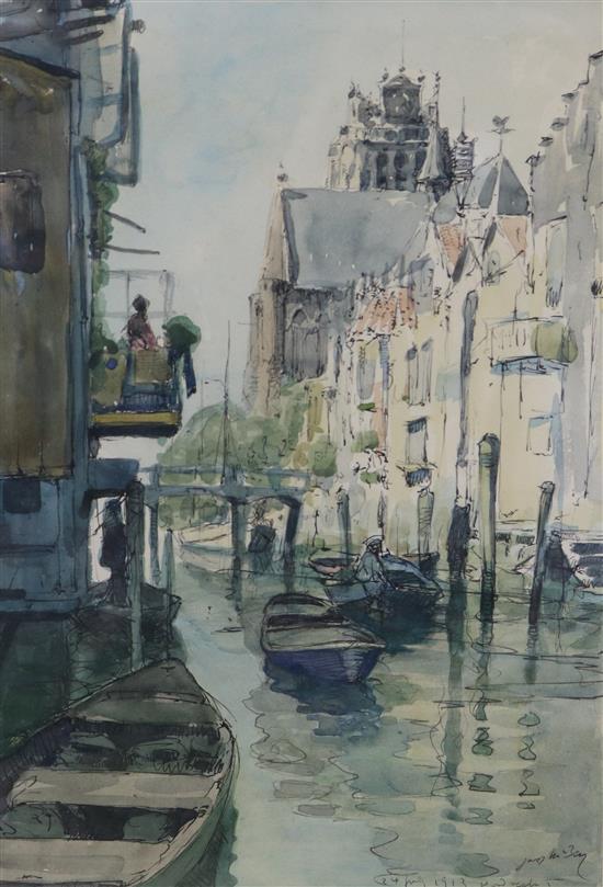 James McBey (1883-1959), ink and watercolour, Dordrecht canal scene, signed and dated 1913, 31 x 21cm